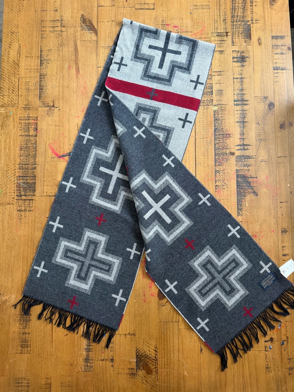 Pendleton Gray Patterned Fringe Scarf - Red Accent